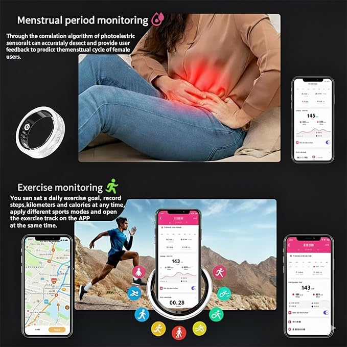 Diamond Smart Ring for Women, Fitness & Vital Signs Monitoring, Sleep Tracker, Remote Photography, No Subscription, Ladies Gift, iOS & Android(Silver,8#)