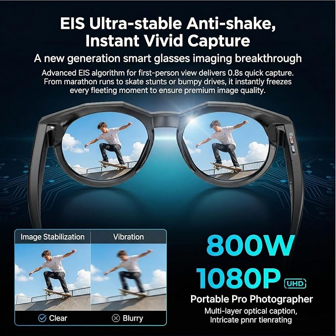 AI Smart Camera Glasses, 1080P HD POV Video Recording and Translator, Object Recognition, Bluetooth Audio for Music Calls, 290mAh Battery, Photochromic Lenses for Vlog, Travel and Work