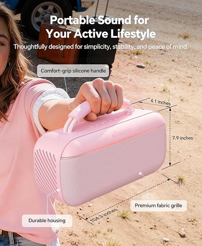 dbsono Portable Bluetooth Speaker Wireless: 100W(Peak) SoundPulse 2.0 with BassBoost, Waterproof Loud Party Speakers, Unlimited Pairing, TWS for Outdoor/Indoor, Beach Vacation Essential, Pink