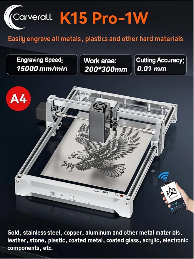 K15 Pro Infrared Laser Engraver for Metal, Hard Plastic & Rubber, 1W IR Laser Engraving Machine, 200x300mm Portable CNC Lazer Engraver for Metal Dog Tags and Jewelry, 1000mW Class 1