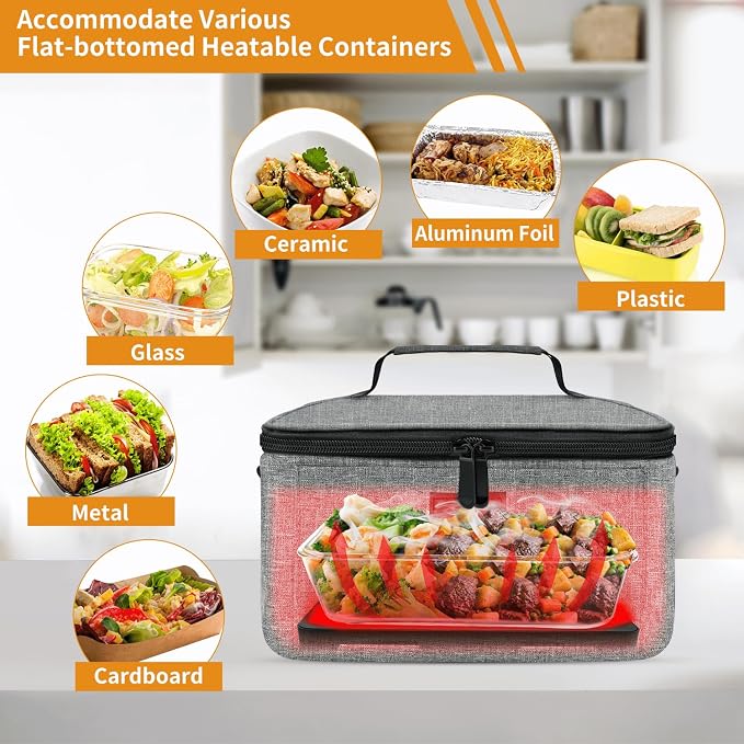 Aotto Portable Oven Electric Lunch Box Food Heater - 12V 24V 2-in-1 Car Food Warmer, Heated Lunch Box for Adults, Cook, Reheat, and Keep Meals Warm for Car, Truck, Travel - Grey