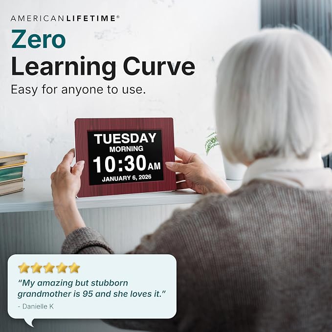American Lifetime New 2026 Dementia Clock Large Digital Clock for Seniors, Alzeimer Clock Large Display with Custom Alarms, Clock with Day & Date for Elderly, Digital Calendar Premium Mahogany 12"