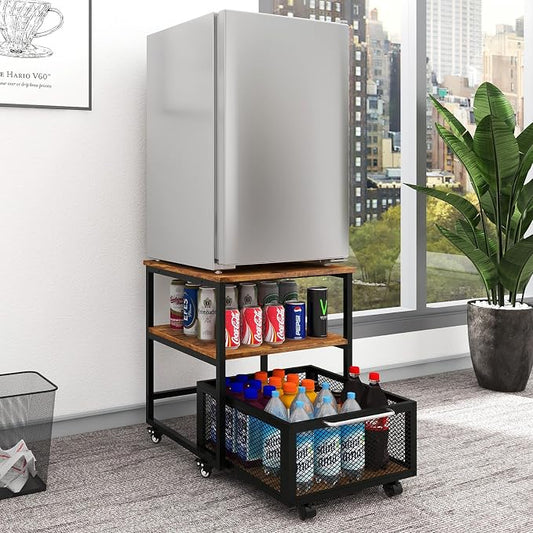 PUNCIA 19.7"x19.7" Mini Fridge Stand 3-Tier Storage Beverage Fridge Table | 220-lb Capacity Beverage Refrigerator Table, Heavy Duty Rolling Organizer with Drawers for Dorm Apartment Office Bedroom