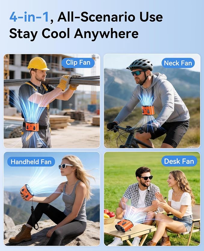 KIMMOO Dual-Motor Rechargeable Waist Fan with Ice Cooling, 25000 RPM High-Speed Neck Belt Clip-on Fan with 10 Gears, LED Display & Flashlight, Hands-Free Personal Fan for Work Outdoor Travel, Orange