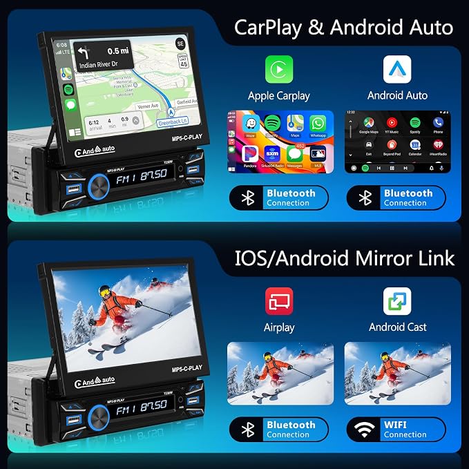 [Automatic] Single Din Flip Out Car Stereo Wireless Carplay Android Auto-7 Inch Touch Screen Radio-USB/TF/AUX in, Mirror Link,FM Radio,Bluetooth, Backup Camera
