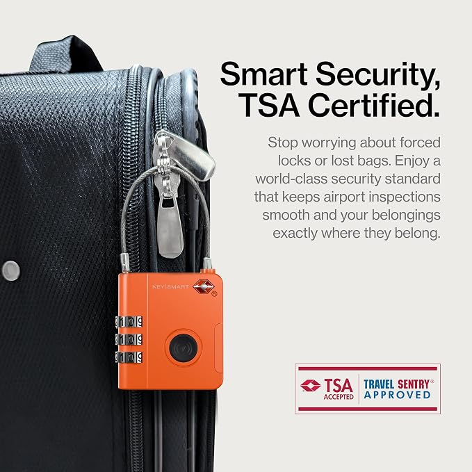 KeySmart SmartLock Tracking Luggage Locks, TSA Locks for Luggage, Combination Lock Compatible with Apple Find My App, Best Travel Essentials, Replaceable Non-Rechargeable Battery (Orange 1 Pack)