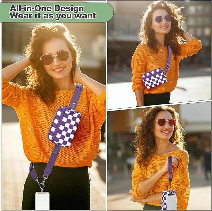 YFWE Clip and Go Strap for Phone with Wallet Crossbody, Adjustable Phone Lanyard with Detachable RFID Wristlet Wallet, Phone Strap with Phone Tabs for All Phones, Purple Checkered (M)