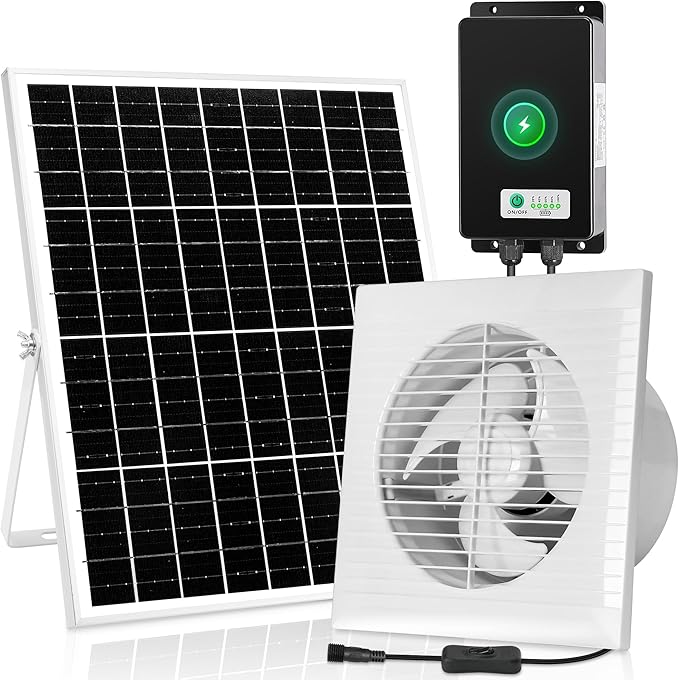 blessny Solar Powered Rechargeable Exhaust Fan, 25W Solar 8" Ventilation Vent Fan with 66.6 Wh Battery Backup for Outside Greenhouse, Chicken Coop, Shed, Pet House
