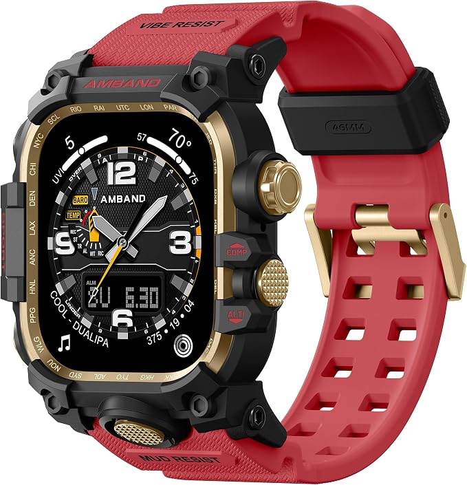 amBand Rugged Case with Band for Apple Watch 46mm, Compatible with Apple Watch (iWatch) Series 10 11, Military Grade Shockproof Bumper Cover, Tactical Band for Men, Red