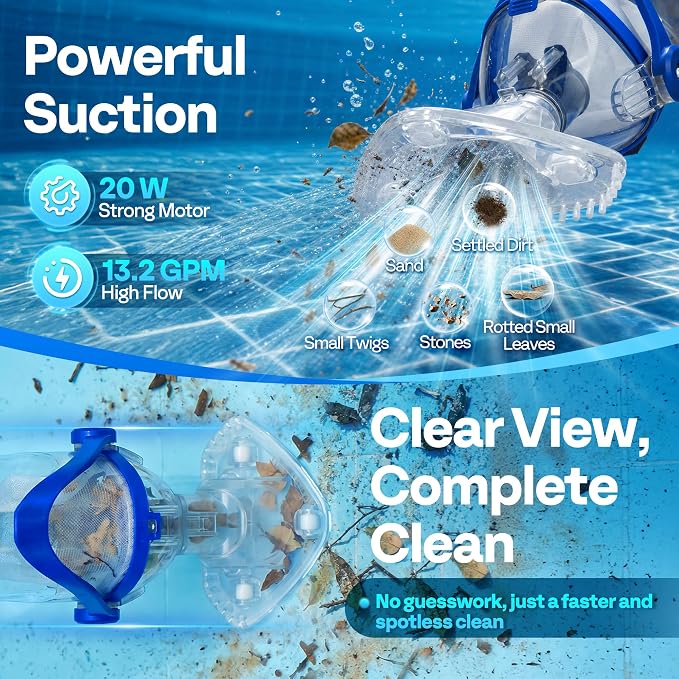 VIVOHOME Handheld Pool Vacuum 13.2 GPM Suction Cordless Pool Cleaner 20W Powerful Motor Long-Run 60min Battery, Adjustable Pole for Above Ground & In-Ground Pools, Spas - Blue