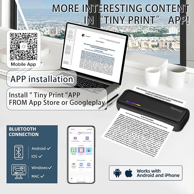 Portable Wireless Thermal Printer for Home & Travel - Mini Bluetooth Inkless Printer Compatible with 8.5"x11" US Letter & A4 Size- Works with iOS, Android & Laptops - Ideal for Tattoos, Office(Black)