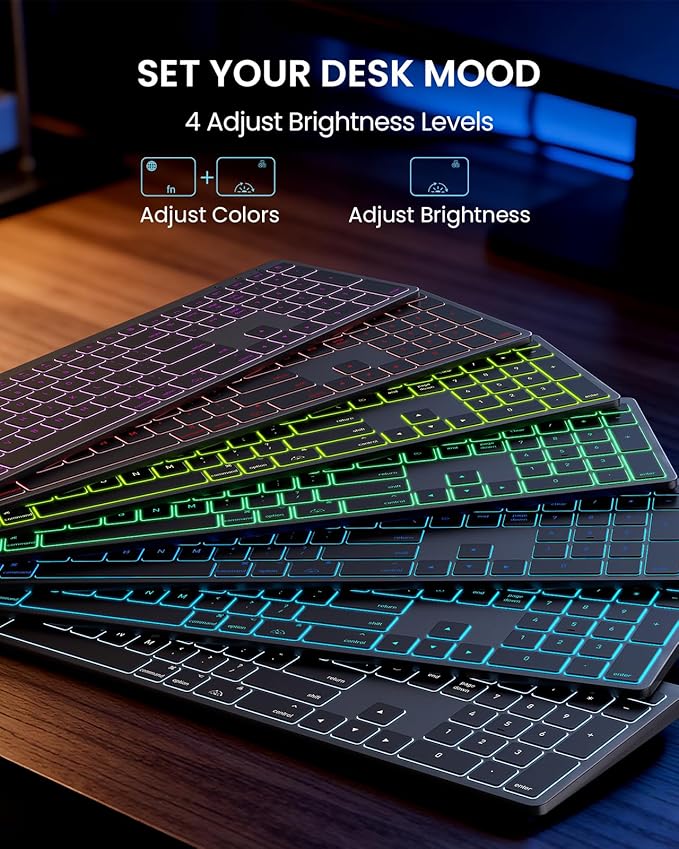 SABLUTE Bluetooth Keyboard and Mouse for Mac — 7-Color Backlit, Multi-Device, Rechargeable, KMA1pro Full-Size Wireless Keyboard Mouse Combo with Quiet Scissor-Switch Keys for Mac (Space Gray)