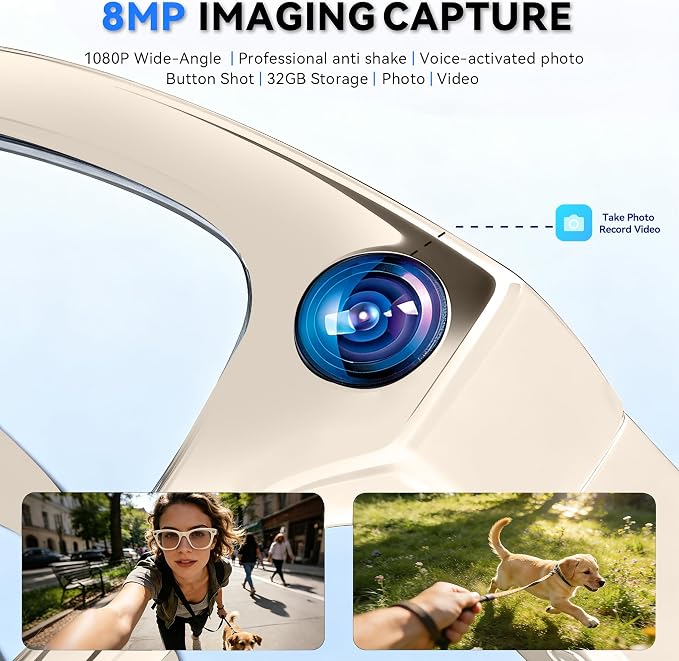 AI Smart Glasses with Camera, 8MP HD Camera Glasses for Men,Women, AI Recording Glasses with Voice Assistant,Open-Ear Audio,Real-Time Translation,Video Recording Sunglasses for Life & Work Vlog(White)