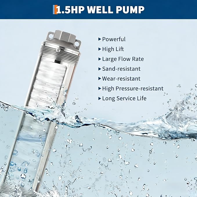 Deep Well Submersible Pump, 1.5HP 110V/60Hz, 27GPM Flow 259ft Head, with 33ft Electric Cord & Check Valve, 4" Stainless Steel Water Well Pump for Industrial,Irrigation,Home Use, IP68 Waterproof Grade