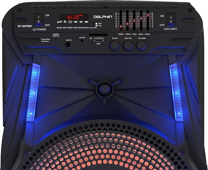 Dolphin 12-Inch Rechargeable Bluetooth Party Speaker – High Power Sound, TWS Compatibility, LED Lights, 5-Band Equalizer, Portable Design with Trolley and Wheels