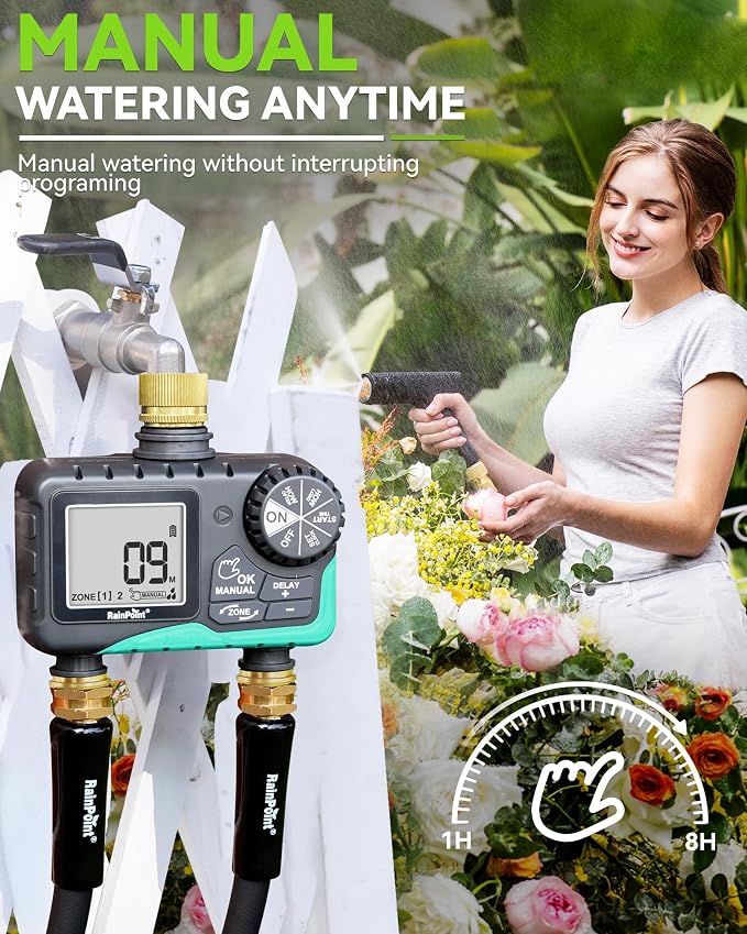 RAINPOINT 2 Zone Sprinkler Timer with Brass Inlet and Outlet - Water Timer for Garden Hose with Rain Delay/Manual Watering/Automatic Irrigation Controller for Yard(Blue Green)