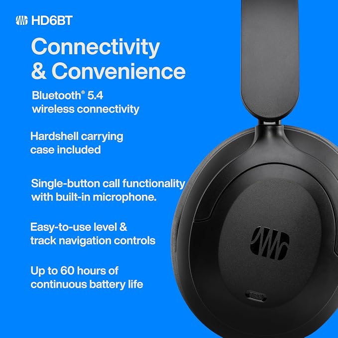 PreSonus Eris HD6BT — Over-Ear Closed-Back Wireless Headphones, Bluetooth, ANC Noise Cancelling, Up to 60 Hours Battery Life, Studio Headphones for Mixing, Monitoring, Recording, Eclipse Black