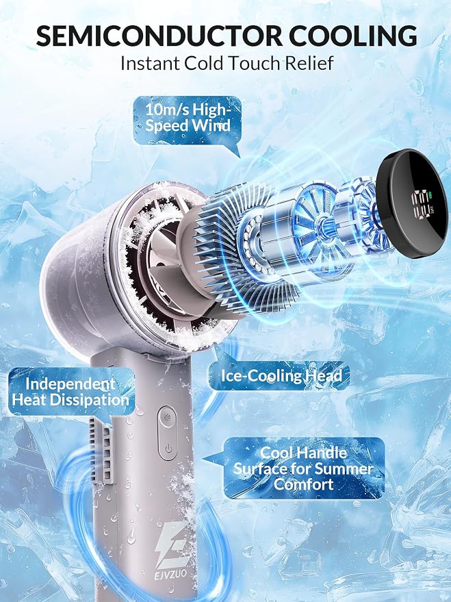 Semiconductor Ice Cooling Fans That Blow Cold Air,Portable Fan | handheld,rechargeable,hand cooling,4500mAh,6-speed,20000 RPM turbo,digital display,Ideal for camping,commuting & outdoor use