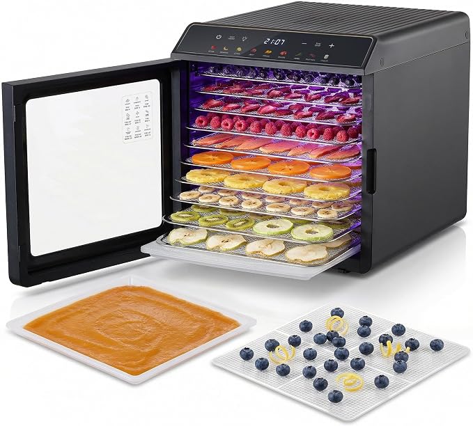 Elite Gourmet 10-Tray Food Dehydrator Machine, Digital Temp & Timer (95–167°F), Stainless Steel Trays, Jerky Maker, Fruit & Herb Dryer, Yogurt Maker, 48 Hour Timer, Mesh & Fruit Roll Trays, Black