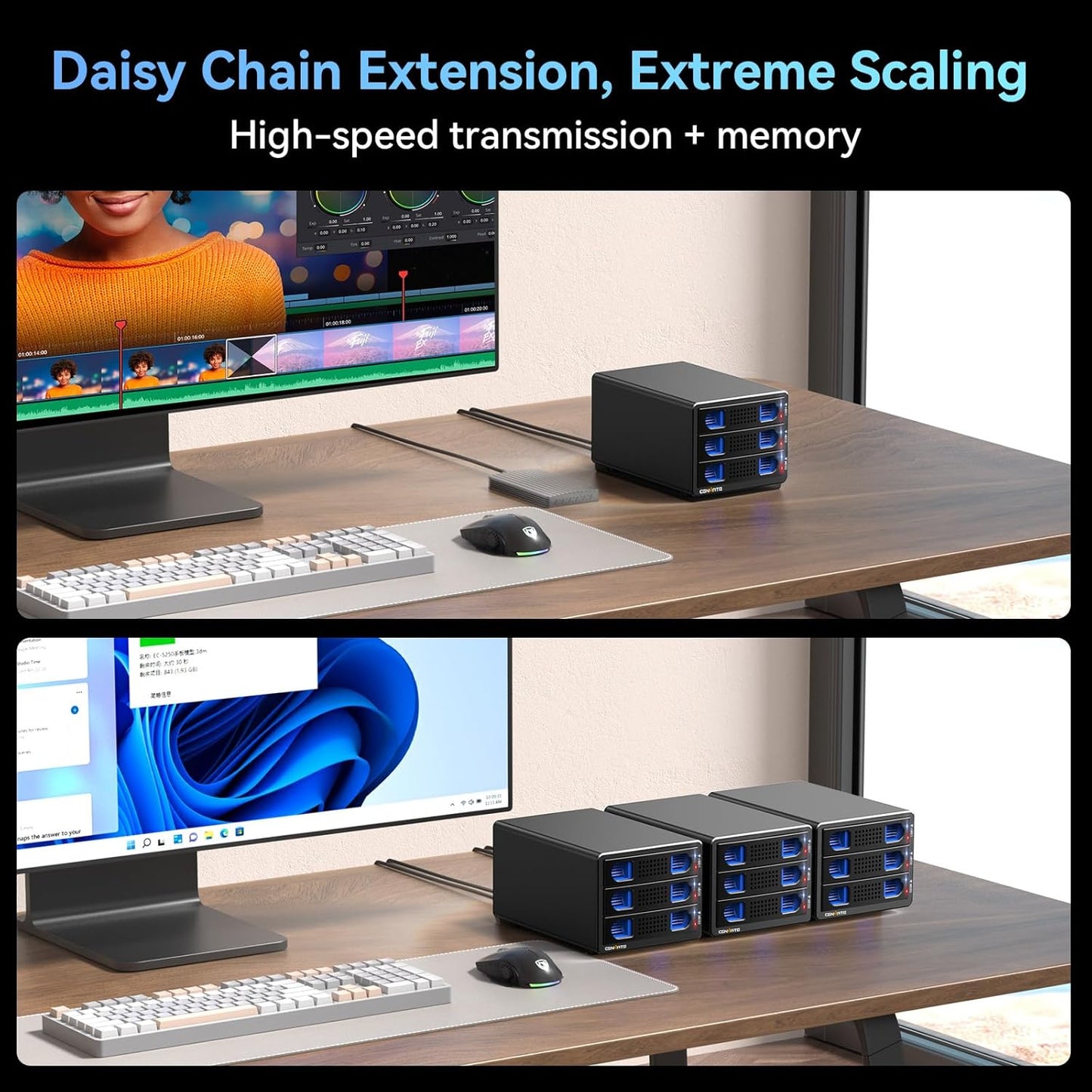 3 Bay 10Gbps Hard Drive Enclosure with Cooling Fan for 2.5“/3.5" SATA HDD/SSD with USB A/C 3.2 Gen 2, Support Hot Swappable, Daisy Chain Expansion, Tool-Free, DAS(NO RAID/NAS)