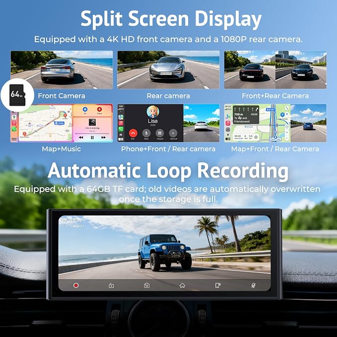10.26" HD Wireless CarPlay Screen for Carplay & Android Auto Touch Screen,4K Dash Cam,1080P Backup Camera,Mirror Link,GPS,Bluetooth,64G TF,for All Vehicles
