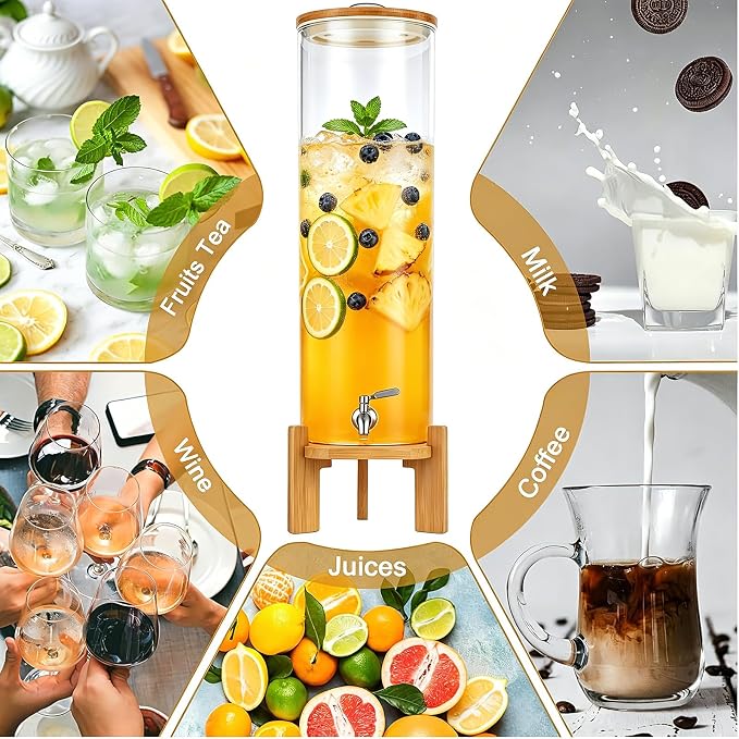 Beverage Dispenser, 4Gallon Glass Drink Dispenser with Stand, Stainless Steel Spigot, Ideal for Parties, Bars, Restaurants (15L/4 Gallon)