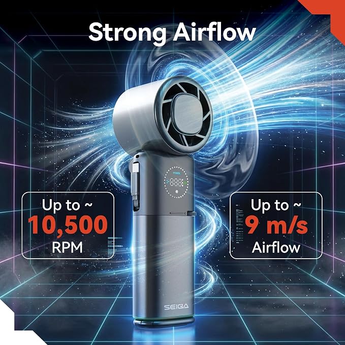 SEIGA Pro Metal Ice Fan with Cooling Plate & 9000mAh Power Bank, 10500 RPM 100-Speed Handheld Fan, 22.5W Fast Charge, USB-C Cable & Flashlight for Travel & Summer