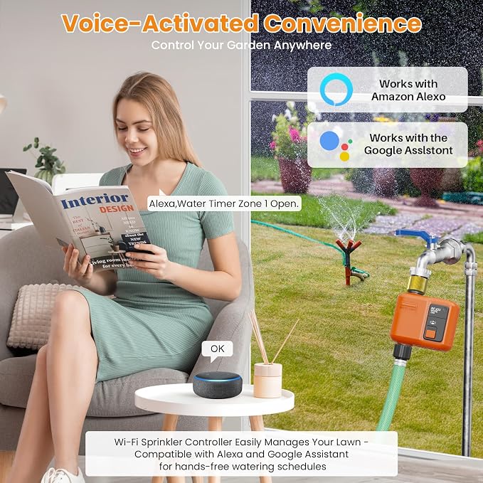 WiFi Water Timer for Garden Hose, Smart Sprinkler Timer with 984ft Long Range, Strong Wall Penetration, APP & Remote Control, Voice Control, Rain Delay, Manual Mode, Watering System (1 Outlet)