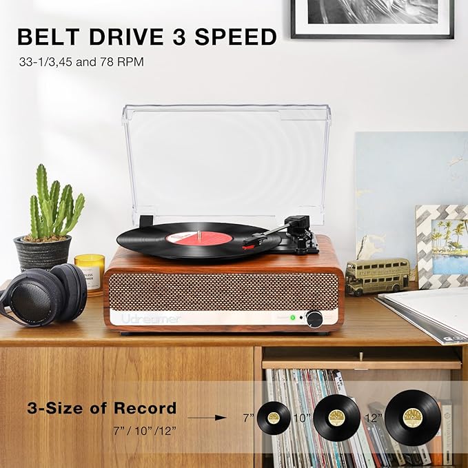 Vinyl Record Player with Speakers,3 Speed Turntable with Latest Bluetooth 5.3, Aux Input, Headphone Jack, RCA Output and Auto Stop, Mirror Vintage Wooden Brown