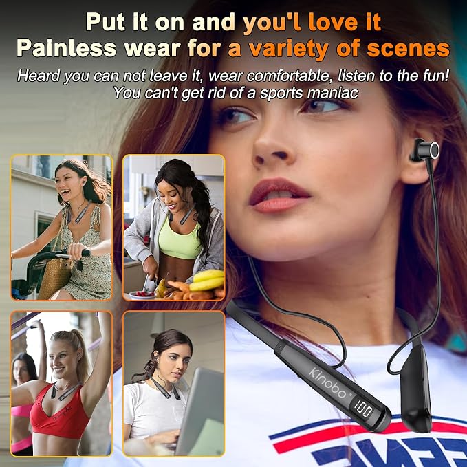 Kinobo Neckband Bluetooth Headphones, 6.0 Bluetooth 100 Hours Playtime，IPX7 Sports Waterproof Earbuds with Microphone Noise Cancelling with HiFi Speakers Multiple Switchable Sound Modes