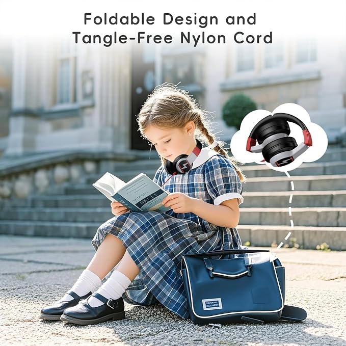 Candy Bila Kids Headphones, Wired Headphones for Kids Over Ear with Microphone, 85/94dB Volume Headphone for Girls Boys, Foldable Headphone for Learning & Entertainment, Black and Red