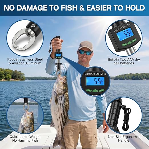 Digital Fish Scale with Fish Gripper, Waterproof Fishs Scales Digital Weight with LCD, 55lb Capacity, Portable Fishs Weigh Kit & Fishings Accessories for Fly& Ice Fishing, Fishing Gear - Gift for Men