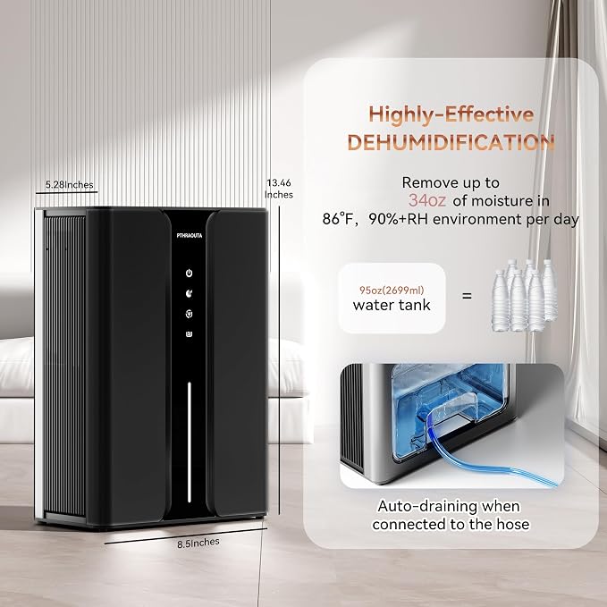 PTHRAOUTA Home Dehumidifier with Drain Hose, (950 sq.ft) 95oz Quiet dehumidifier for Bathroom Bedroom, with Air Reusable Filter Indoor deshumidificador for Basement RV Closet