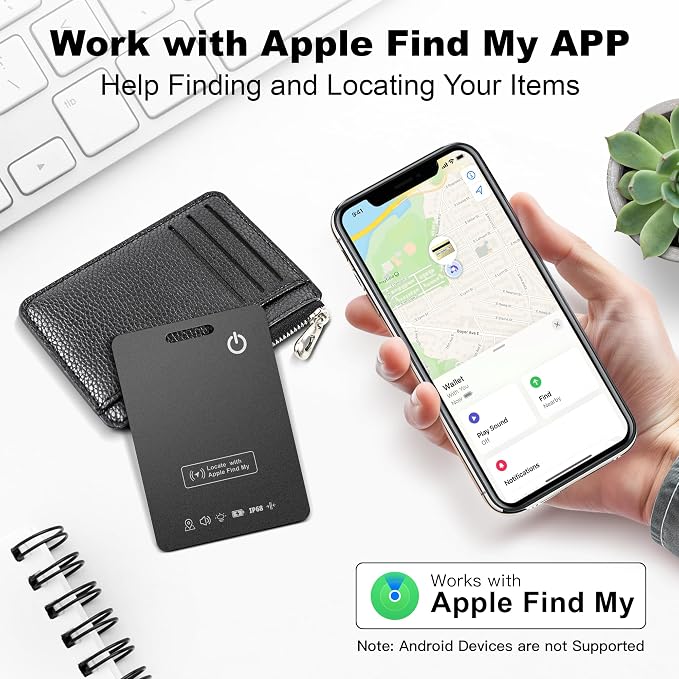 Wallet Tracker Card (iOS Only), Rechargeable Smart Card Wallet Tracker Works for Apple Find My, Thin Bluetooth Tracking Card GPS Tracker, Key Finder for Keys, Bags, Passport, Carbon Fiber