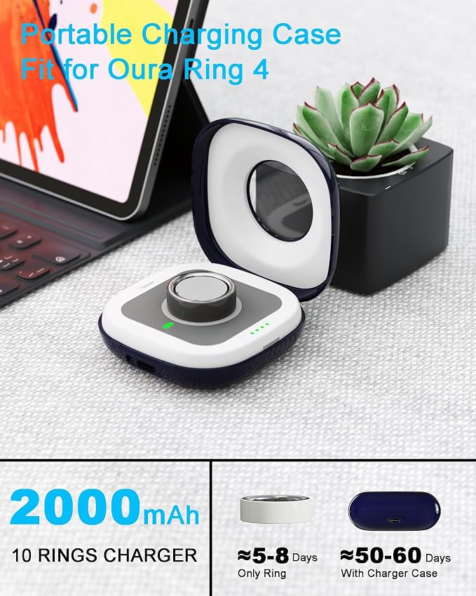 Portable Charging Case Compatible with Oura Ring 4 Charger, Fits All-Sized Ring Gen 4, Up to 10 Ring Charges,Blue (Official Charger NOT Included)