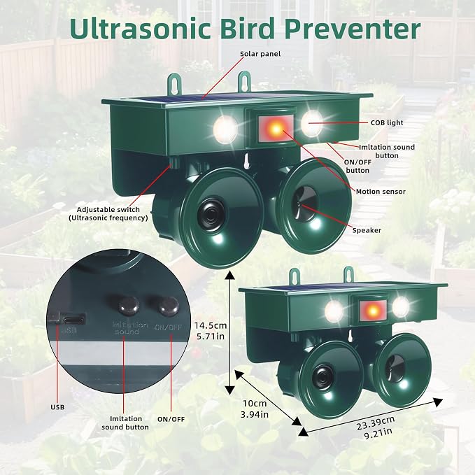 2026 New Ultrasonic Bird Repeller Solar Powered Outdoor Motion Activated Bird Pigeon Deterrents for Outside with Flash Light IP65 Woodpecker Goose Repellent Devices for Rooftops Porch Patio Balconies
