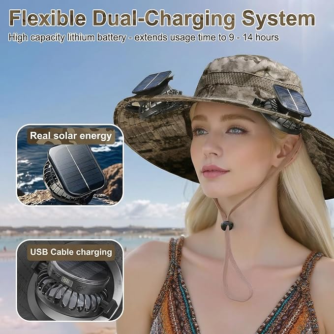 Outdoor Wide Brim Sun Hat with 2 Solar Powered Fan, Bucket Hat for Men Women, Fishing, Gardening & Beach Hat for Men