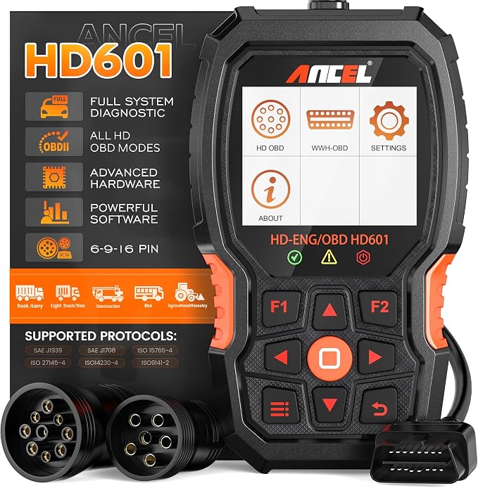 ANCEL Heavy Duty Truck Scanner HD601 All System Diesel Diagnostic Scan Tool fits for Cummins, Detroit, Freightliner, International, Paccar, Check Engine for Truck & Car 2 in 1 Code Reader