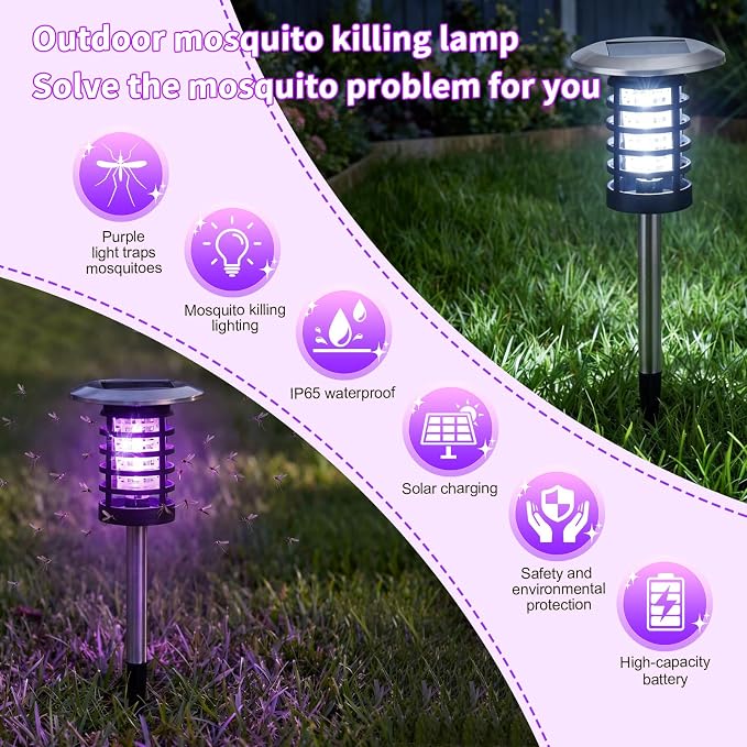 2 Pcs Solar Bug Zapper Outdoor Waterproof Mosquito Repellent Light Solar Power Fly Killer lamp for Moths, Gnats, Fly Small Flying Insect Backyard Garden (Plastic,Purple & White Light)