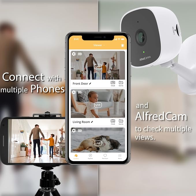 AlfredCam Indoor WiFi Security Camera, FullHD 1080P, 2.4G/WiFi, Continuous Recording, Motion Detection, Night Vision, Baby Monitor/Pet/Nanny Cam, App Powered (100M+ downloads)