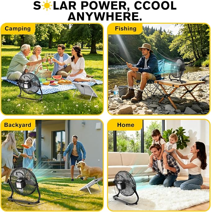 14" Solar Powered Fan with 20W Solar Panel & Rechargeable Battery, Portable, Quiet 12 Speed, 360° Tilt Head for Outside, Camping, Travel, Greenhouse, Chicken Coop, Patio, gazebo (Black)