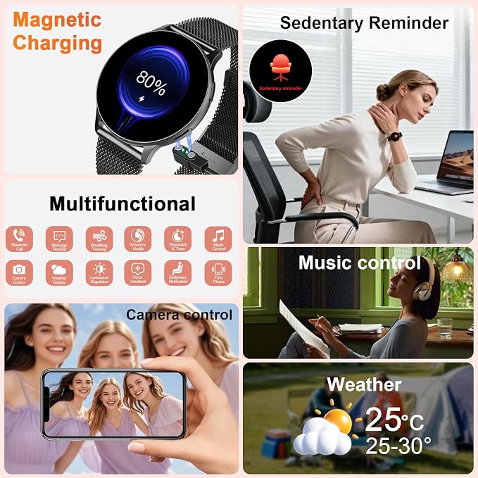 Jugeman Smart Watch for Women, 1.32" AMOLED Screen Fitness Tracker with Bluetooth Calling (Answer/Make Calls), Step Heart Rate Sleep Monitor, IP68 Waterproof Watch for Android/iPhone (Black)