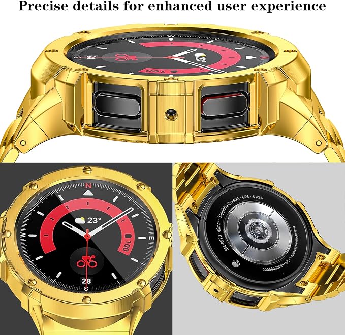 SUPLINK Stainless Steel Case and Bands Compatible Samsung Watch 5 Pro Band 45mm, Adjustable Solid Metal Protective Rugged Case Strap for Galaxy Watch 5 pro Men Business, Gold