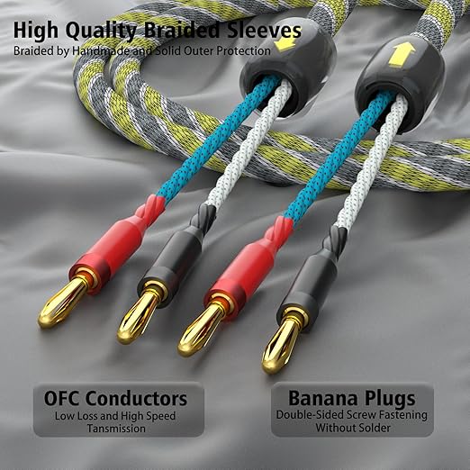 Monosaudio 9AWG Speaker Cable with Banana Blugs 2 x 6.3 mm² HiFi Audiophile Speaker Cable 1 Pair,OFC Gold Plated Brass Banana Plug Connectors for Speakers,Amplifier,Audio Video,AV Receivers（3M/9.9Ft）