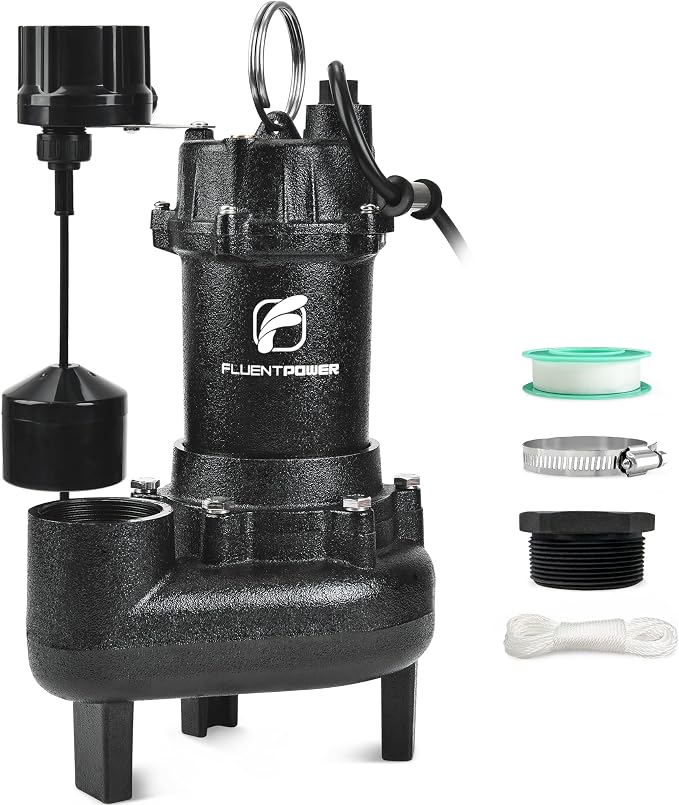 FLUENTPOWER 5000GPH Sewage Effluent Pump, 3/4HP Cast Iron Ejector Submersible Sewer Pump, with Automatic Vertical Float Switch for Residential Basement Septic Basin, 10 ft Cord, 2" NPT Discharge