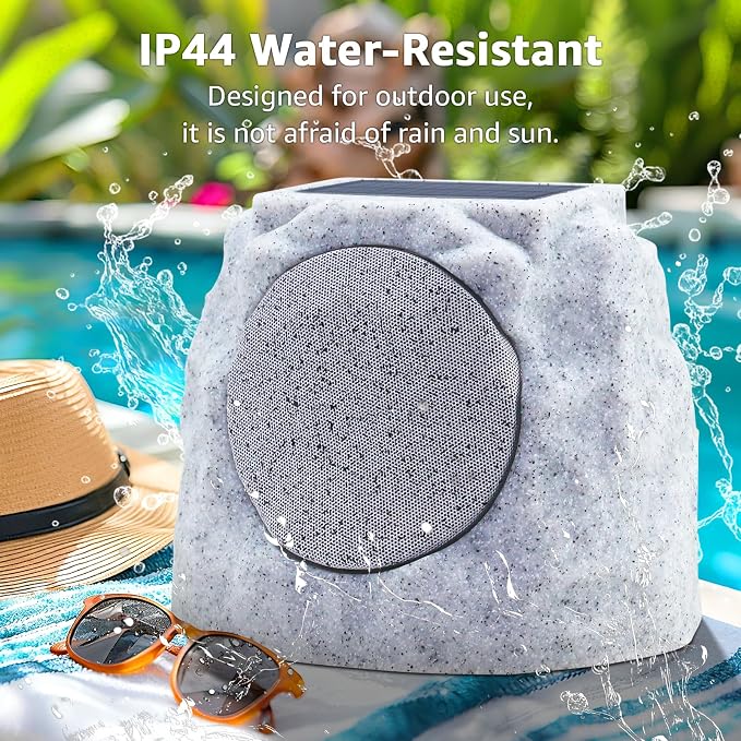 uuffoo 2-Pack Outdoor Rock Speakers Waterproof Patio with Lights Color,Multi-Sync Up to 100 Speakers&TWS Pair,Solar Powered and USB Rechargeable for Pool Party Yard Garden Outside