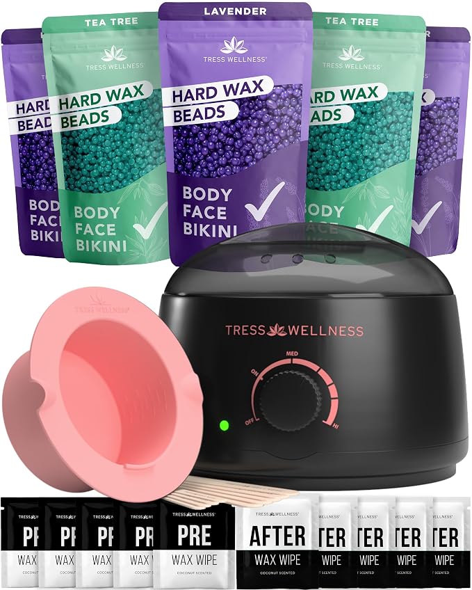 Tress Wellness Award Winning Waxing Kit for Sensitive Skin – Safe for Face & Skin, Easy to Use – At-Home Kit for Face, Bikini, Brazilian & Full Body - Midnight Rose, No Display