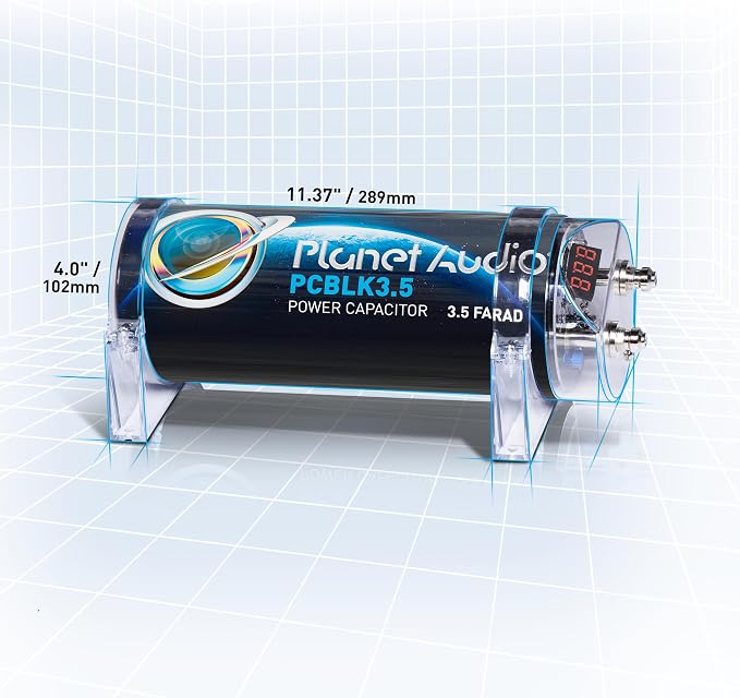 Planet Audio PCBLK3.5 Car Capacitor – 3.5 Farad, Energy Storage, Enhance Bass from Stereo, Warning Tones, LED Voltage Meter