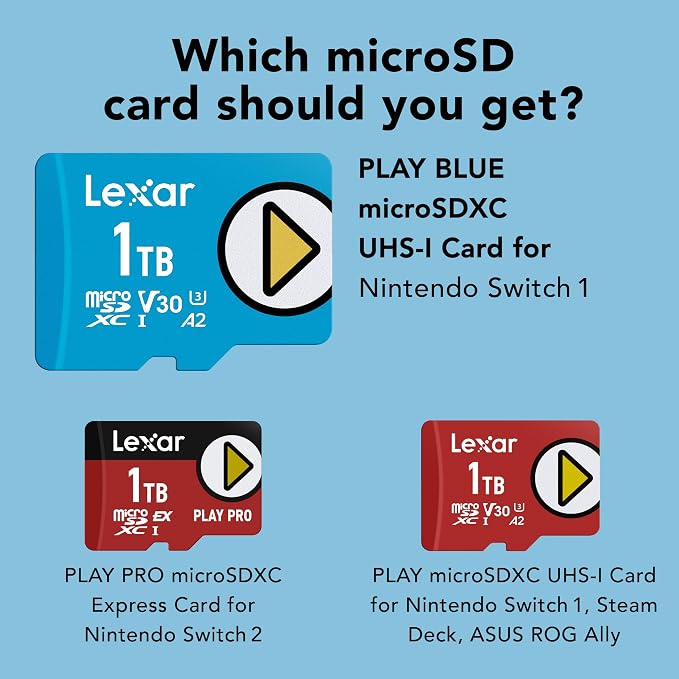 Lexar 512GB Play Blue Micro SD Card, UHS-I, C10, U3, V30, A2, 4K, Up to 160MB/s microSDXC Memory Card, Expanded Storage for Nintendo-Switch 1, Gaming Devices, Smartphones, Tablets (LMSPLBL512G-BNNNU)