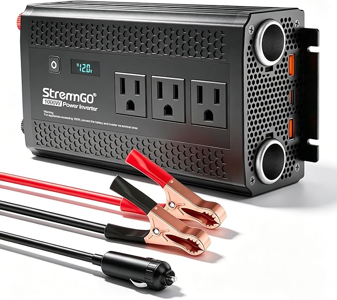 1000W Power Inverter for Vehicles, 12V DC to 110/120V AC Car Inverter with 3 AC Outlets, USB 24W/ PD 30W Fast Charger. (1000w-black)